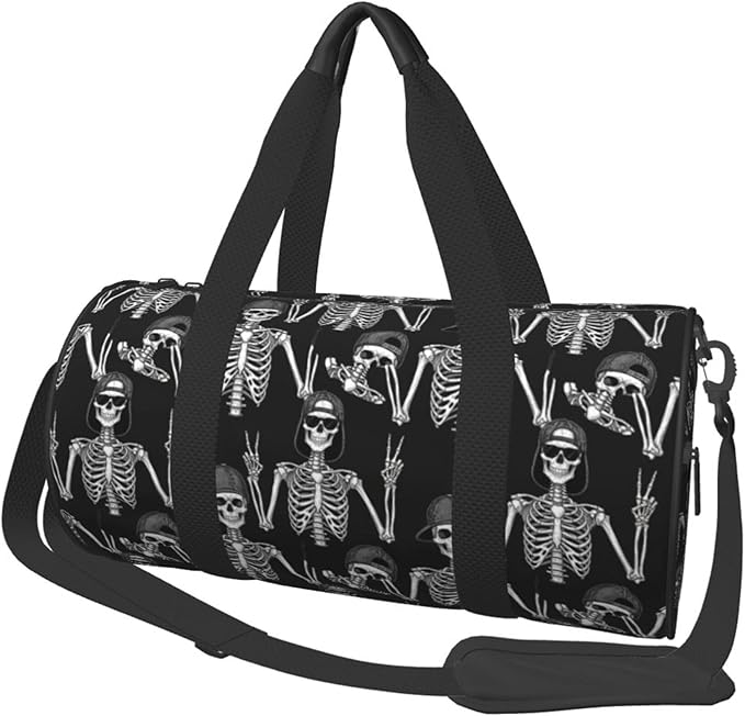 Gym Bag Funny Human Skeleton Skull Waterproof Round Cylinder Carry On Overnight Bag with Adjustable & Removable Shoulder Strap for Travel Sport Camping