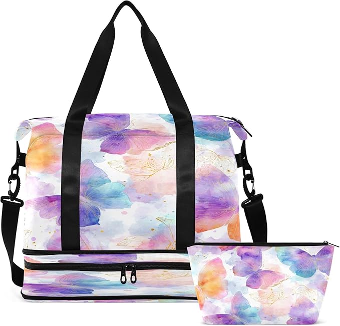 Travel Duffel Bags for Women Soft Watercolor Butterfly Sports Duffel Bags Gym Bags with Shoes Compartment Tote Bag Weekender Bag for Travelling