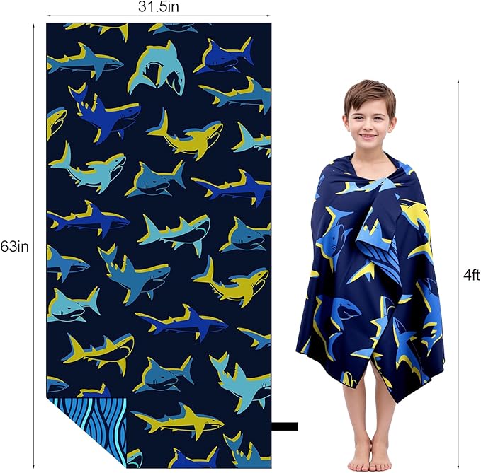 MelonBoat Large Microfiber Beach Towel: Bright Yellow Blue Shark Beach Towel for Travel, Super Absorbent Quick Dry Sand Free, Lightweight Compact for Kids Trip Vacation Bath Camping Pool Swim, 1 Pack