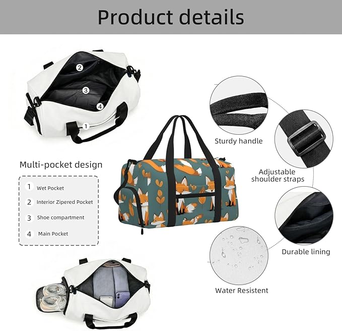 Yellow fox Print Gym Bag with Shoe Compartment for Women Men, 17.7in Sports Duffle Weekender Tote, Overnight Travel Duffel Bag Carry On