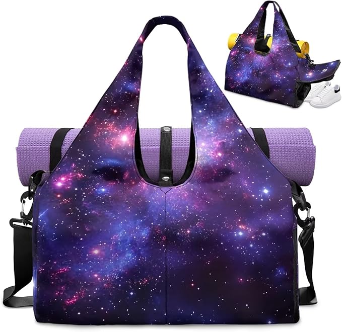 Galaxy Starry Sky Gym Bag for Women Duffle with Shoe Compartment & Yoga Mat Strap Overnight Weekender Personal Item Travel Bag Carry On Luggage for Plane Short Trips