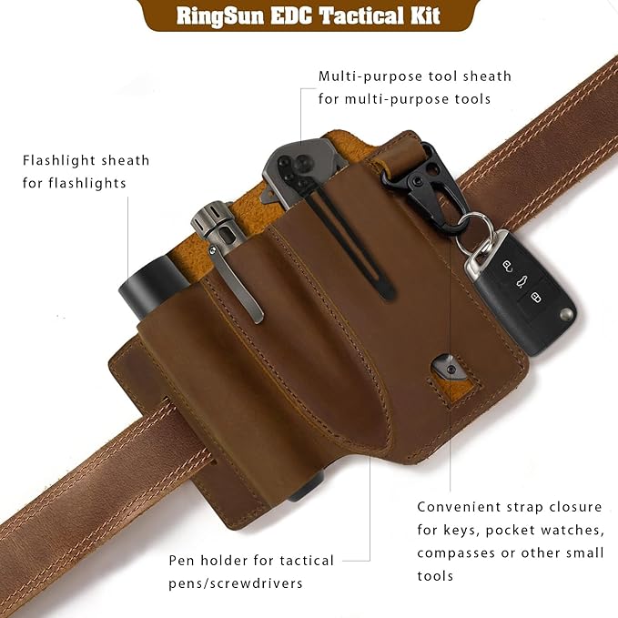 Jack&Chris Leather EDC Multitool Sheath for Belt, EDC Belt Organizer for Leatherman Tools, EDC Pocket Organizer for Men with Pen Holder, Key Fob, Flashlight Sheath