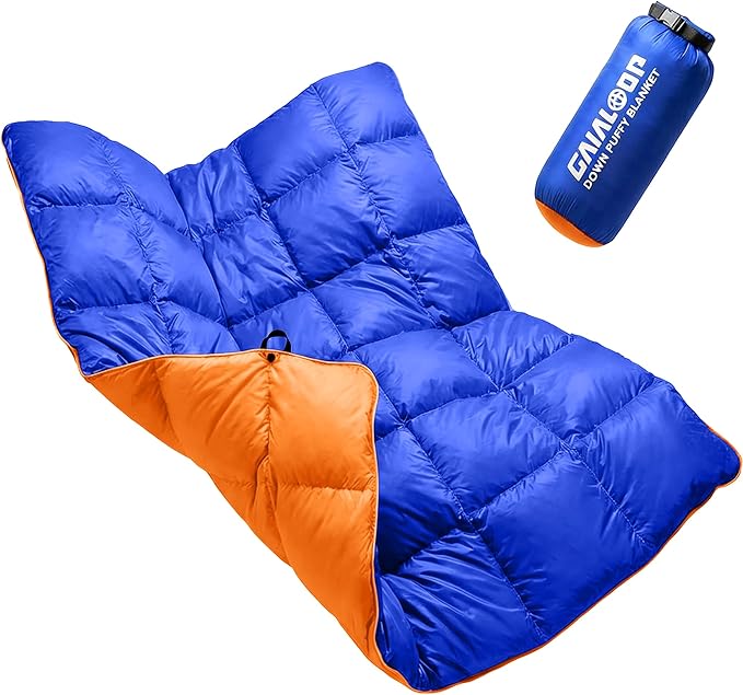 Down Puffy Blanket for Car Camping Outdoor Travel Backpacking, Duck Down Lightweight Portable Soft Warm Cozy Camping Blanket Quilt, 53"x78", Lake Blue
