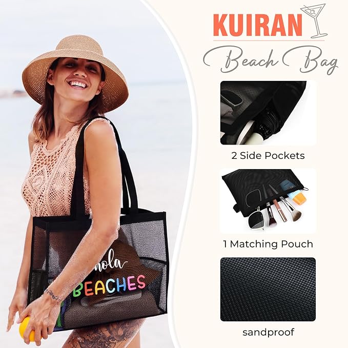 30L Large Beach Bag with Pouch Foldable Sandproof Lightweight Mesh Tote Bag with Two Pockets for Swimming Travel