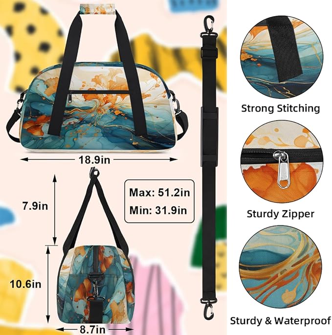 Orange Teal Marble Sports Duffel Bags, Water-Resistant Gym Duffle Bag for Men Women, Lightweight Weekender Overnight Bag for Fitness, Workout, Travel