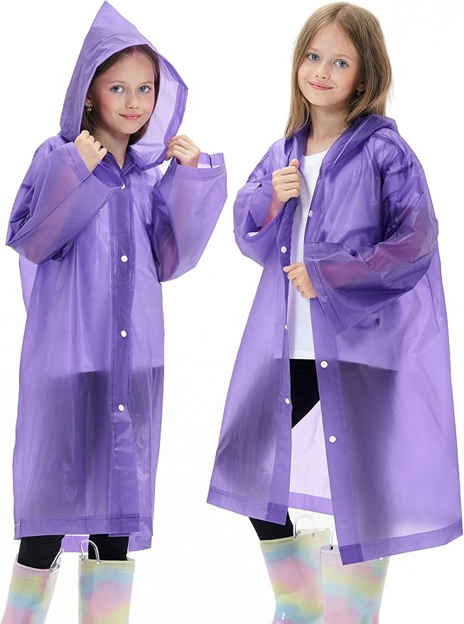 2 Pack Reusable Waterproof Raincoat EVA Emergency Rain Ponchos One Size Rain Jacket for Children, Boys and Girls