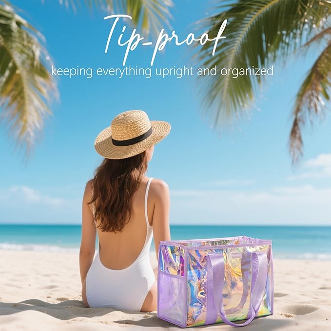 Bagstellar Iridescent Beach Tote Bags for Women, Large Zipper Beach Pool Swim Bag with Makeup Bag & Waterproof Phone Pouch | Waterproof Sandproof, Adjustable Strap, Packable, Foldable, Travel Tote Bags, Vacation Essentials, Gift for Women