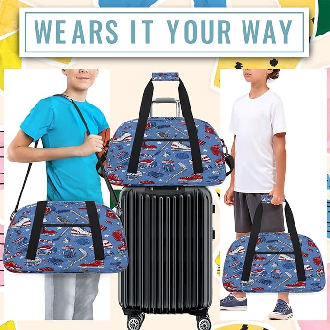 Kids Duffle Bag Girls Boys Cartoon Hockey Sports Roller Skates On Blue Weekender Overnight Bag,Lightweight Duffel Bags for Traveling Gym Sport Dance