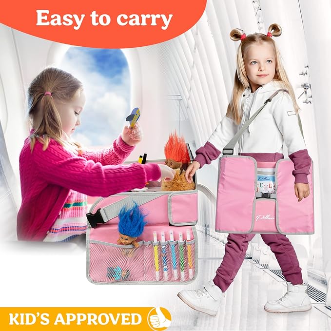 PILLANI Kids Travel Tray for Car - Car Seat Tray for Kids Travel, Road Trip Essentials, Carseat Table for Roadtrip Activities - Must Haves Toddler Lap Desk Organizer for Airplane - Car Accessories
