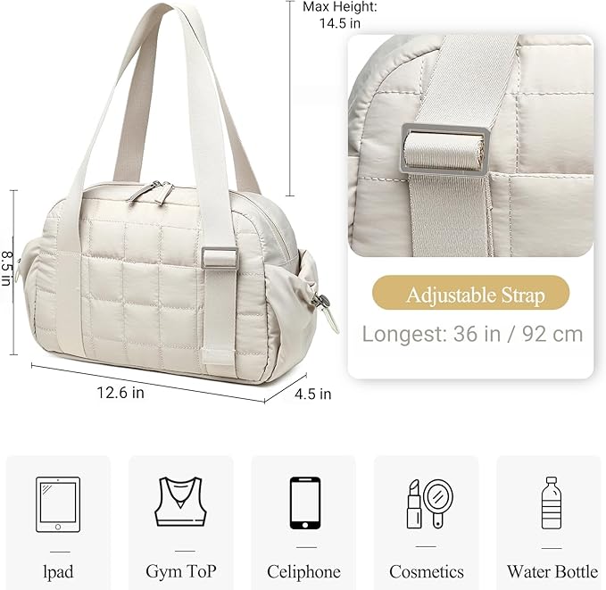 CAMTOP Mini Gym Bag for Women, Small Gym Tote Bag Puffy Quilted Sports Duffel Bag with Wet Compartment and Coin Purse Duffel Bags Dance Yoga Workout Bag for Gifts (Beige, Mini-12.6")