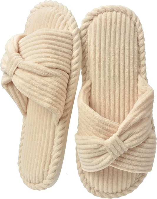 House Slippers for Women Corduroy Cross Bow Indoor Slippers Open Toe Slip On Bedroom Shoes with Memory Foam