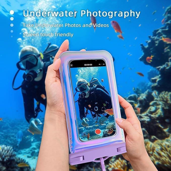 2 Pack Foweroty Floatable Waterproof Phone Pouch Case for iPhone 17 16 Pro Max/15/14/13/12, IP68 Travel Cellphone Dry Bag Beach Cruise Ship Essentials Bags with Crossbody Lanyard, Iridescent Purple-7″