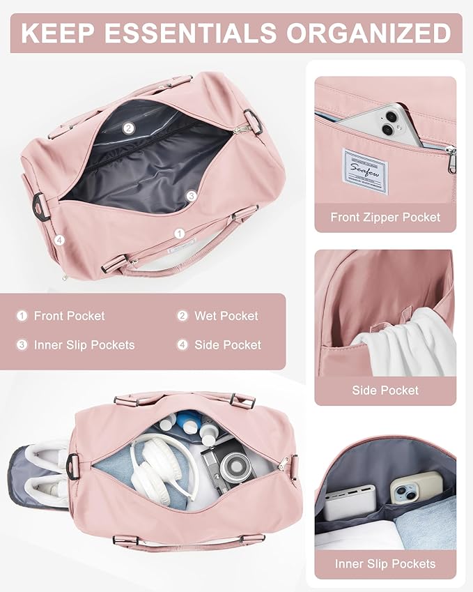 Gym Bag Womens Mens with Shoes Compartment and Wet Pocket Travel Duffel Bags for Women for Plane Sport Gym Tote Bags Swimming Yoga Small Waterproof Weekend Overnight Carry on Bag Hospital Holdalls