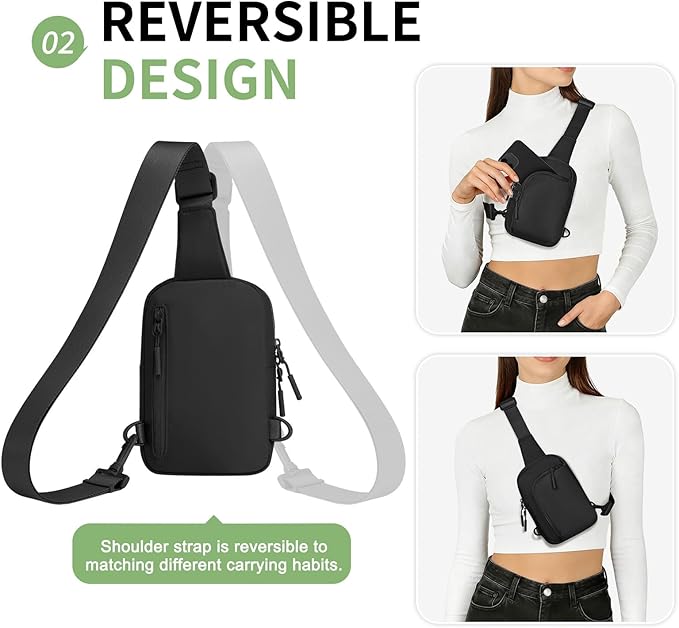 Mini Sling Bag for Men Women, Small Travel Fanny Packs Crossbody Anti Theft Reversible Nylon Chest Bag for Running Hiking (Black)