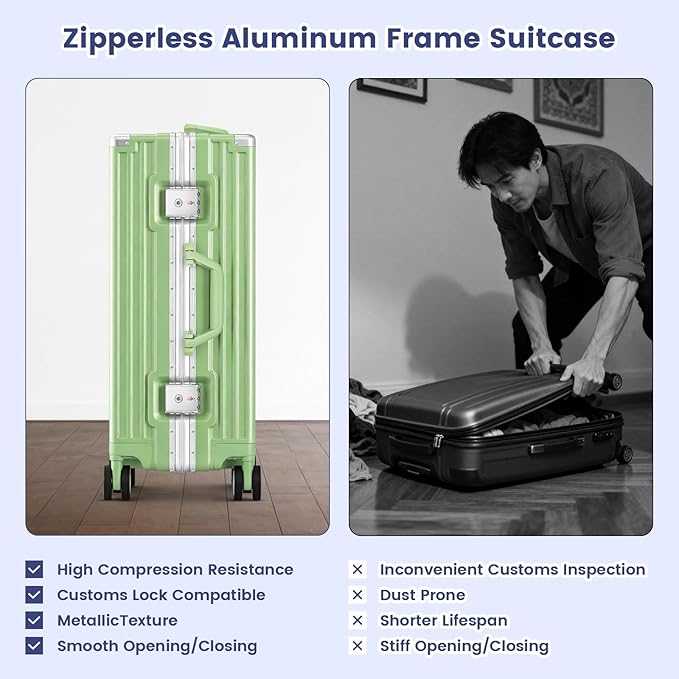 20 Inch Carry On Suitcase, Aluminum Frame Zipperless Hard Shell Luggage with Spinner Wheels, TSA Lock, USB Charging Port, Phone Holder, Cup Holder for Business Travel and Trips, Fruit Green