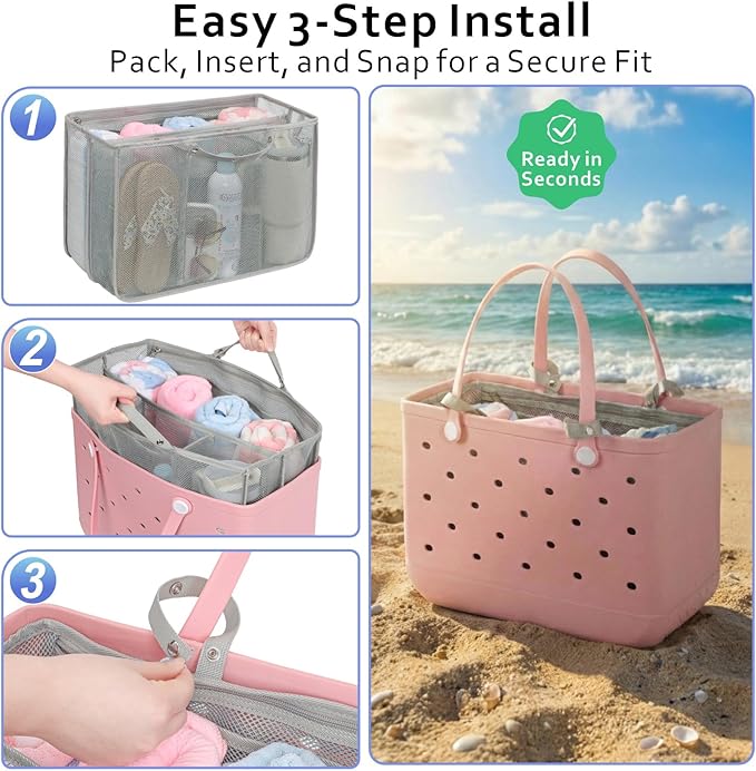 F-color Beach Bag Organizer Insert Compatible with Silicon Bag Original Large, Mesh Tote Liner with 10 Pockets & Adjustable Handle, Lightweight Divider Pouch for Beach Accessories Organizing, Grey