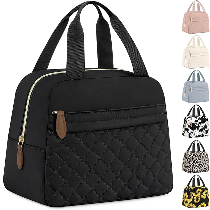 Insulated Lunch Bag for Women, Portable Lightweight Lunch Box for Adults, Reusable Lunch Tote Cooler Bags with Front Zipper Pocket for Work School Picnic(Black, Large)