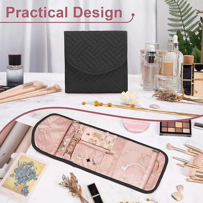 Travel Jewelry Roll Organizer Bag Foldable and Anti-Lost Jewelry Holder Storage for Rings, Necklaces, Bracelets, Earrings and Accessories, Small Black