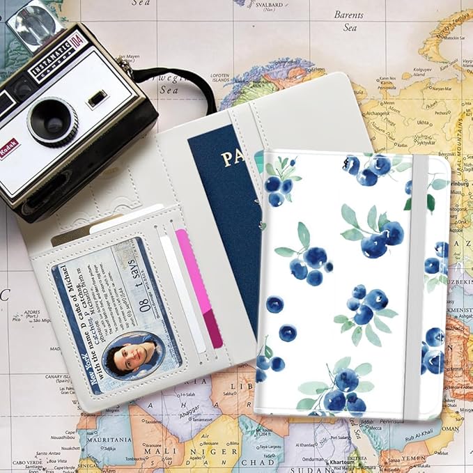 PU Leather Passport Holder Cover 5.9×4.3 Inch with Credit Card Slot and Boarding Pass Slot Combo Blocking Passport Holder Wallet Cover Case for Travel Boarding Essentials (Blueberry)