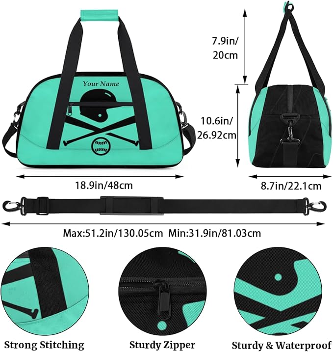 Custom Name Baseball Theme Boys Gym Travel Duffle Bag with Front Zipper Pocket Personalized Sports Bag for Overnight, Weekender, Carry On,18.9 * 8.7 * 10.6 in