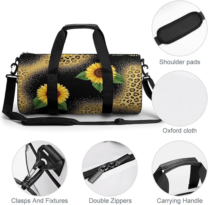 Overnight Weekender Travel Bag Yellow Sunflower Glitter Sparkle Cheetah Leopard Print Gym Sports Travel Workout Bag Basketball Football Weekender Bags