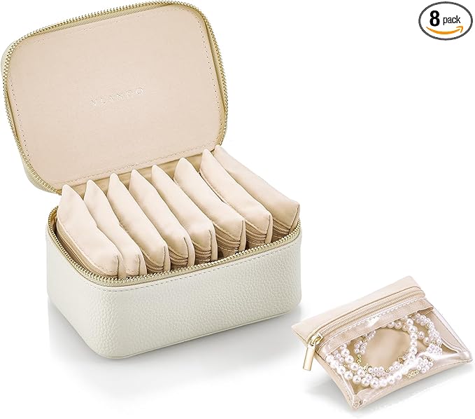 Vlando Gifts for Her,Travel Jewelry Case with 8 Velvet Jewelry Bags Jewelry Travel Organizer Box for Girls Jewelry Box for Rings Earrings Brides Gifts Birthday Gifts for Women Teen(White)