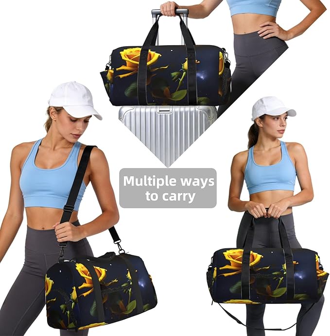 Yellow Roses Starry Night Print Gym Bag with Shoe Compartment for Women Men, 17.7in Sports Duffle Weekender Tote, Overnight Travel Duffel Bag Carry On