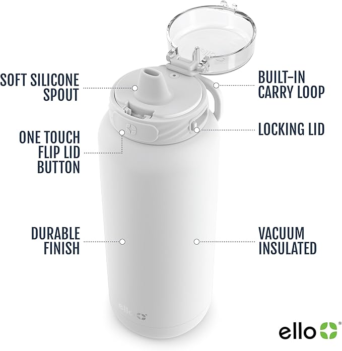 Ello Cooper 40oz Stainless Steel Water Bottle with Straw and Carry Handle, Double Walled and Vacuum Insulated Metal, Leak Proof Locking Lid with Soft Silicone Spout, Reusable, BPA Free, White