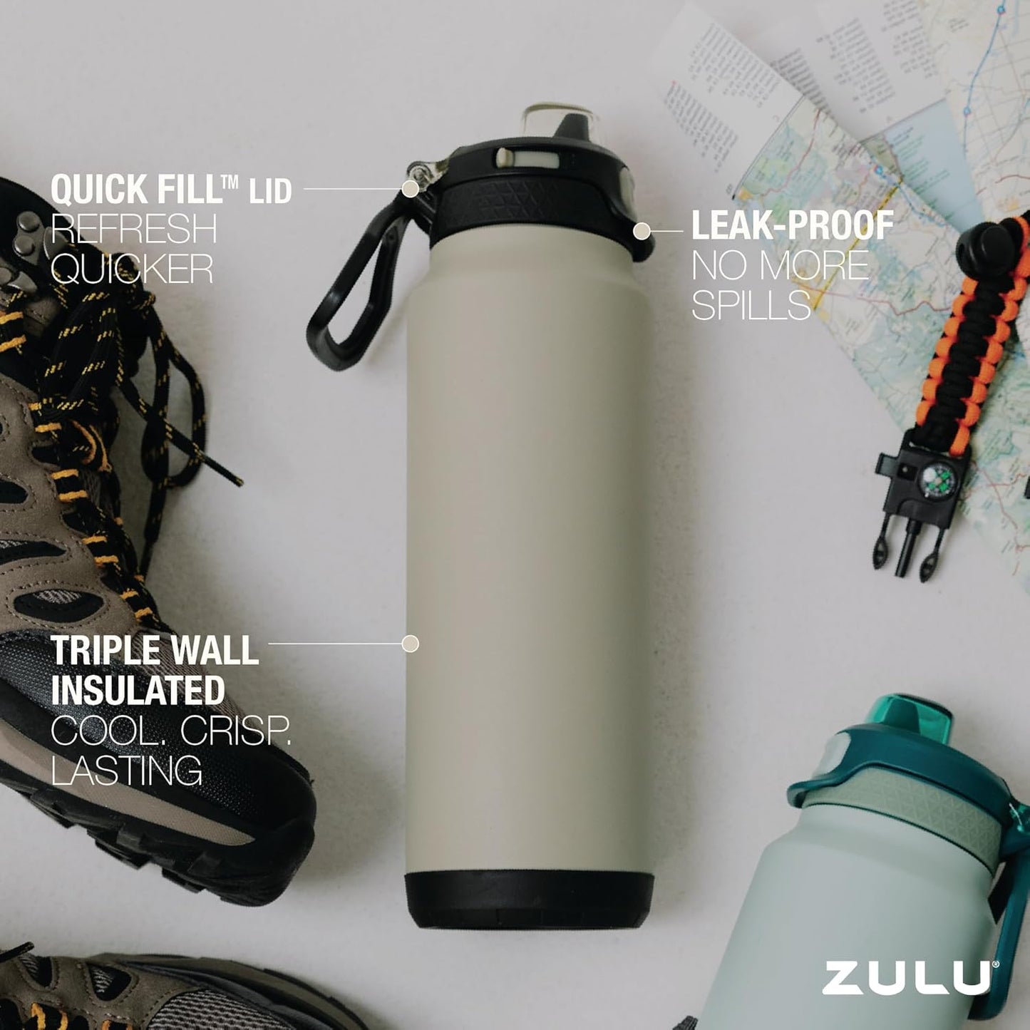 ZULU Powerfill Pro 32oz Stainless Steel Water Bottle with Quick Fill Lid, Triple Walled Vacuum Insulated Metal, Leak Proof Locking Lid, Sip and Chug, Reusable BPA Free, Ash