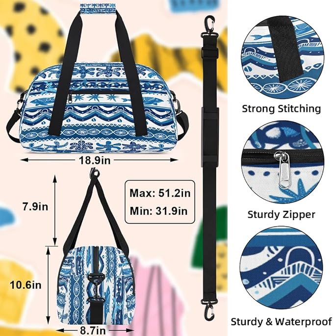 Duffle Bag for Women Men, Nautical Turtle Whale Stripe Gym Bag for Travel Sports, Lightweight Waterproof Weekender Overnight Bags with Adjustable Strap