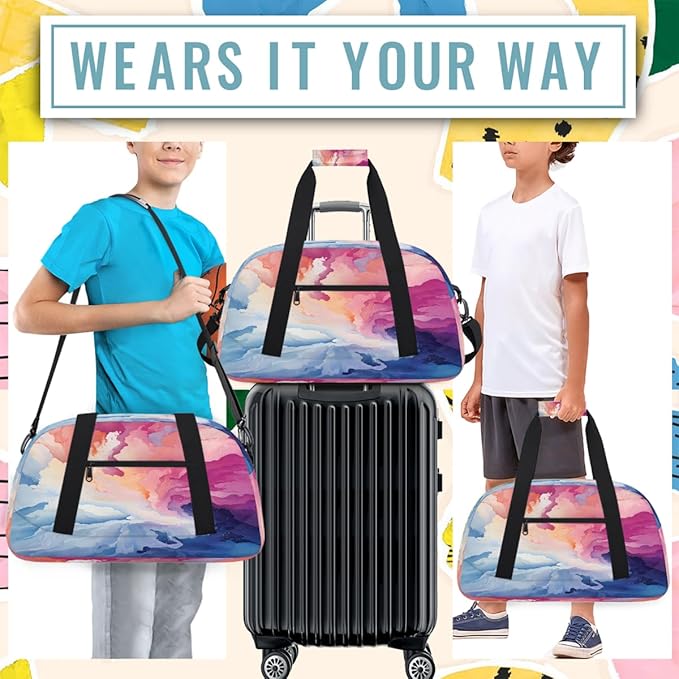Sports Duffel Bags, Pink Blue Watercolor Splashes Water-Resistant Gym Duffle Bag for Men Women, Lightweight Weekender Overnight Bag for Fitness, Workout, Travel