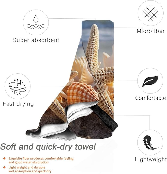 Beach Towel Sand Free Quick Dry Towel Microfiber Oversized Seashells Starfish On Beach Travel Towel 27.5"X55" Absorbent Bath Towel Compact Towel Blanket for Women Men Camping Swim Sports