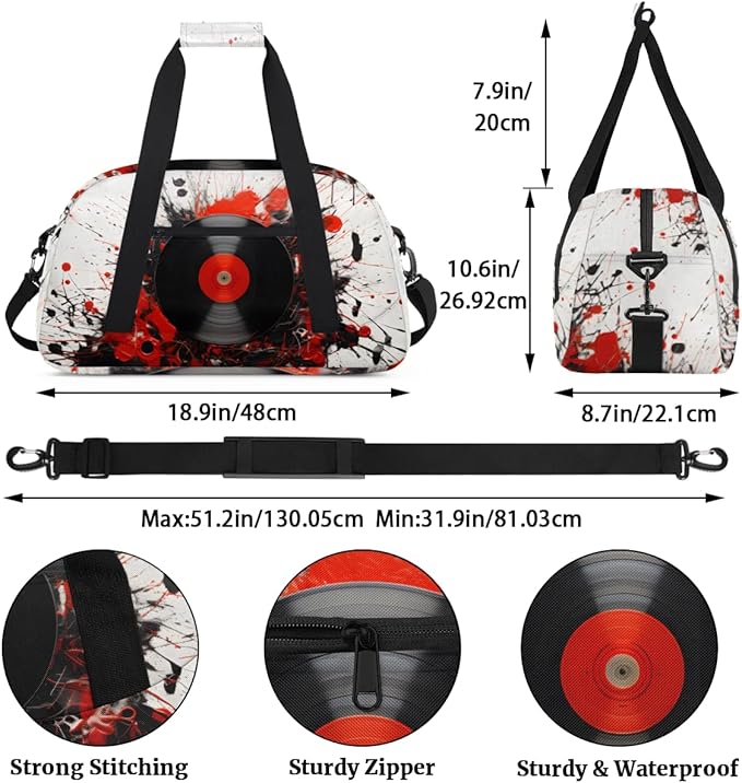 Black Records DJ Gym Travel Duffle Bag for Women & Men with Front Zipper Pocket for Sports, Overnight, Weekender, Carry On,Workout & Dance Bag,Graffiti Records,18.9 * 8.7 * 10.6 in