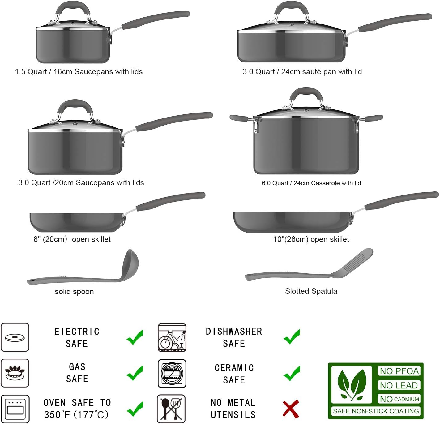 Amazon Basics Aluminum 12-Piece Cookware Set, Gray - Pots, Pans and Utensils