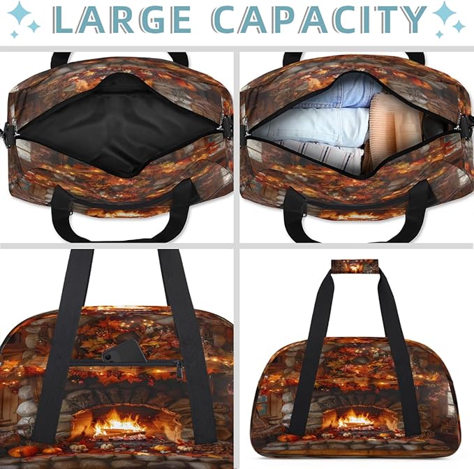 Travel Duffle Bag for travel duffle bag sports Girls Boys Kids Autumn Fall Fireplaces Lightweight Overnight Sleepover Weekender Bags Small Dance Gym Sport Bag Teens Carry-On Size Workout Bag