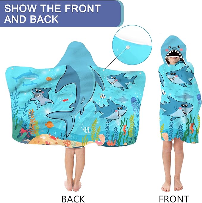 Bonsai Tree Shark Hooded Beach Towel for Kids, Cool Ocean Fishes Bath Towel with Hood for Boys, Funny Sea Animals Microfiber Super Absorbent Soft Poncho Bathrobe for Swin Pool 30”x50”