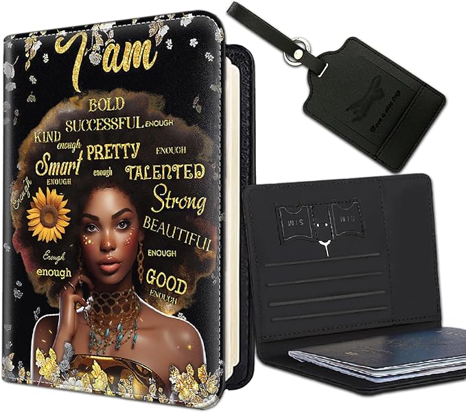 Passport Holder Women Wallet with Luggage Tag, Leather Passport Cover with RFID Blocking, Travel Accessories Multi Card Slot Passport Case for Men，African American Women