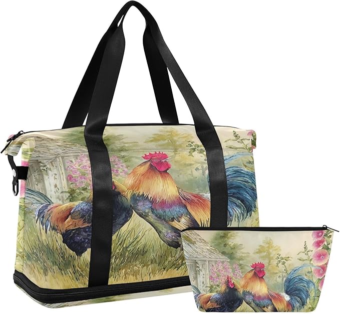 Travel Duffel Bags for Women Country Rooster Painting Print Sports Duffel Bags Gym Bags with Shoes Compartment Tote Bag Weekender Bag for Travelling