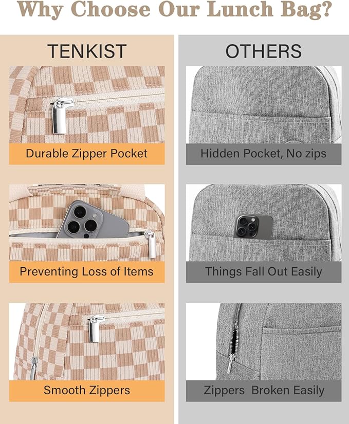 Cute Lunch Box Tote Bag - Corduroy Insulated Cooler Bags for Women - Lightweight Reusable Portable Soft Lunch Pail Kit for Kids Teen Girl Adults Work School Picnic Travel Checkered Brown 8L