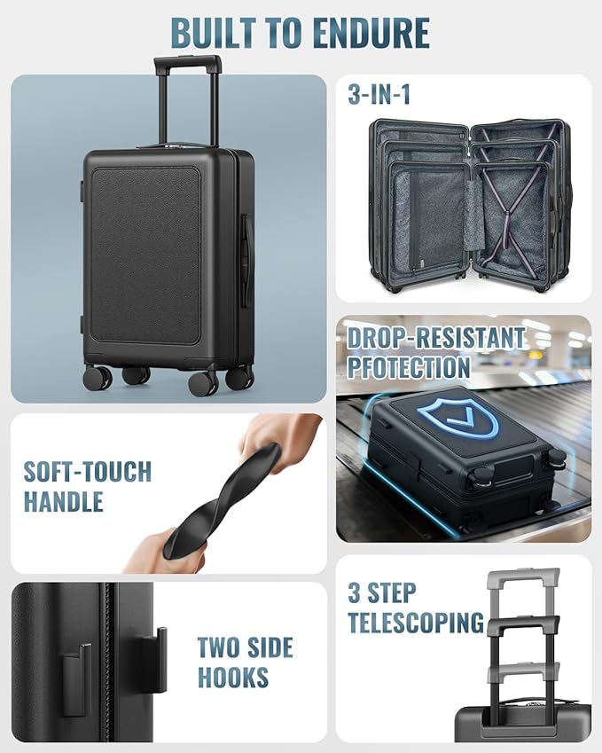 Joyway Luggage Sets 4 Piece with Spinner Wheels, Carry On Luggage 20In with ABS+PC Hardshell, Lightweight Suitcase Set with Travel Backpack and Pressure-resistant Frame, 20/24/28 Inch, Black