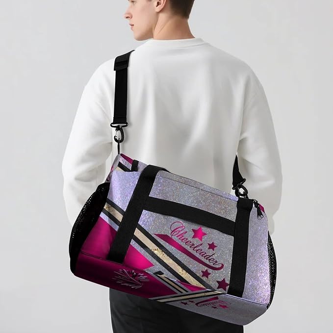 Handheld Crossbody Multifunctional Travel Bags, Personalized Duffle Bags, Cheer Rose Red Cheering Grey Luggage Bag, Custom Name Weekender Overnight Bags