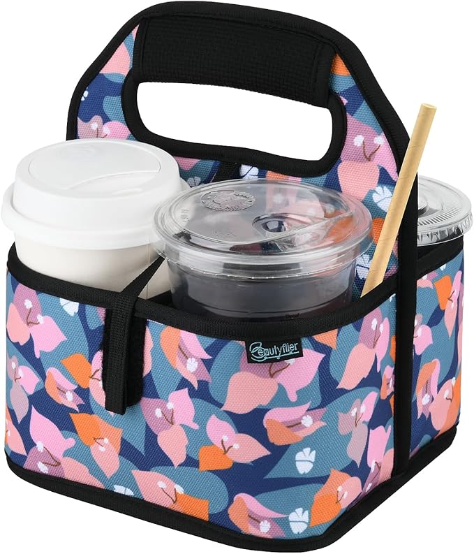 Beautyflier Reusable Insulated Coffee Cup Carrier, Portable Drink Holder with Handle Organizer Tote Bag for Hot & Cold Drinks (Bougainvillea)