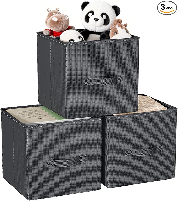 Cube Storage Bins, 11 Inch Fabric Organizers with Handles - Foldable Collapsible Storage Cubes for Shelves, Bedroom, Closet, Cabinet, Bookcase, or Office (Grey, Pack of 3)