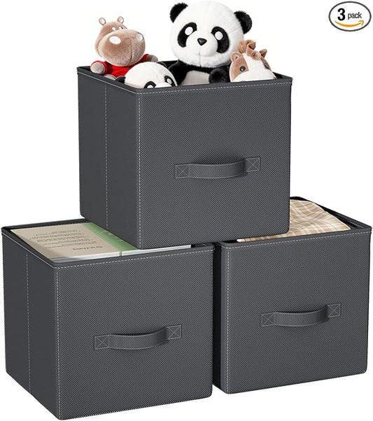 Cube Storage Bins, 11 Inch Fabric Organizers with Handles - Foldable Collapsible Storage Cubes for Shelves, Bedroom, Closet, Cabinet, Bookcase, or Office (Grey, Pack of 3)
