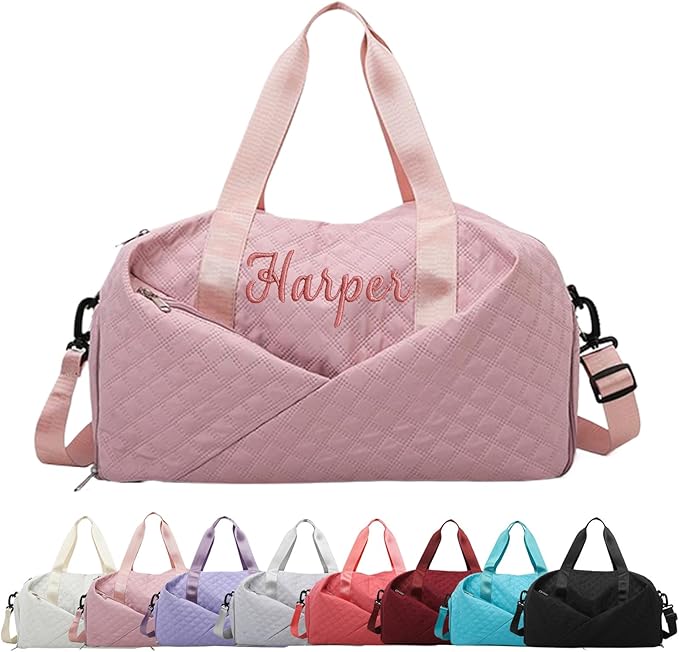 Personalized Travel Duffle Bag for Women with Embroidered Name Custom Sport Gym Weekender Overnight Carry On Tote Luggage Bag with Shoe Compartment Dance Bags for Girls Customized Gifts Pink