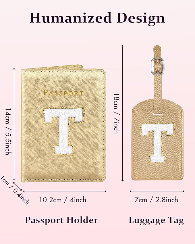 Slohif Passport Holder Initial Lugguage Tag Set Suitcase Cover Wallet Case for Travel Women - Leather Letter Passport Book Personalized Organizer Card Protector Sleeve Essentials Slim Carrier Gold T