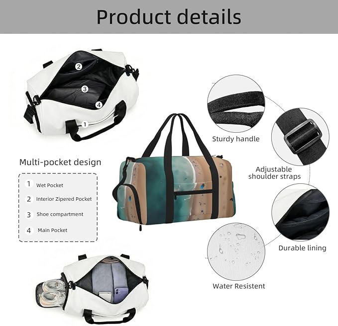 Aerial view of the beach Print Gym Bag with Shoe Compartment for Women Men, 17.7in Sports Duffle Weekender Tote, Overnight Travel Duffel Bag Carry On