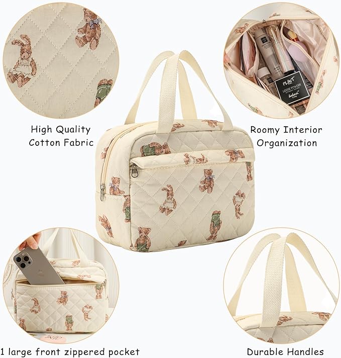 uekeboag Large Size Quilted Coquette Makeup Bag, Cute Preppy Floral Cotton Travel Cosmetic Organizer Bag with Top Handle, Multi-Layer Travel Toiletry Pouch for Girls (04Bear)