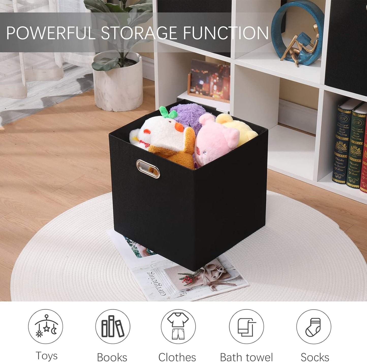 Collapsible Organization Basket Fabric Foldable Box with Handles, 13x13 Cube Storage Bins Set of 4, Thick and Heavy Duty Storage Baskets for Shelves Bedroom Livingroom,Black