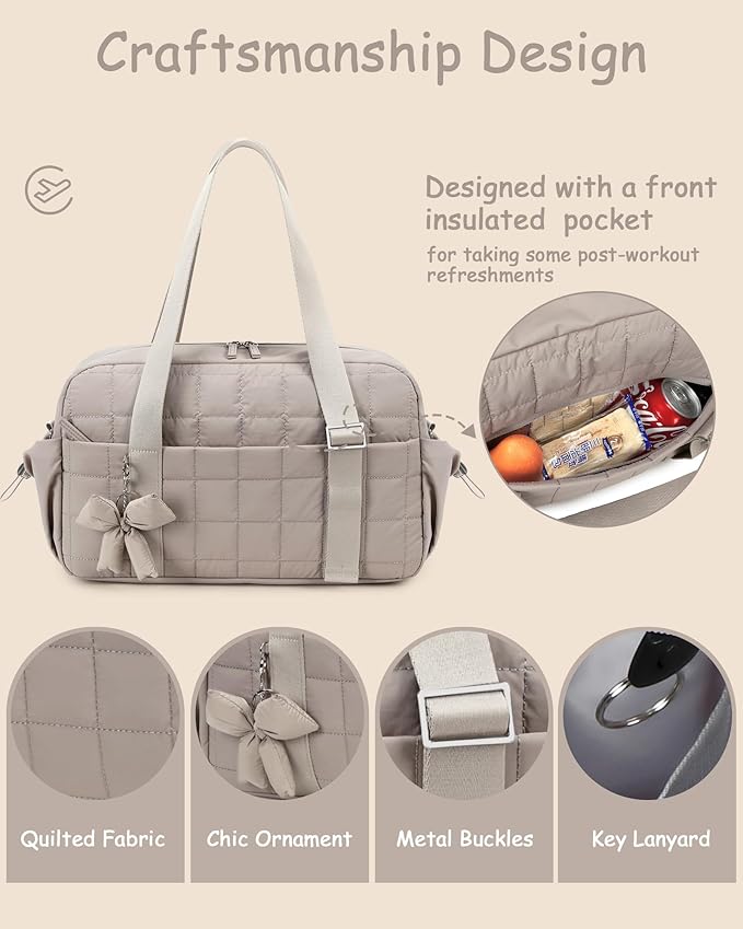 CAMTOP Mini Gym Bag for Women, Small Gym Tote Bag Puffy Quilted Sports Duffel Bag with Wet Compartment and Coin Purse Duffel Bags Dance Yoga Workout Bag for Gifts (Camel-16in, Medium-16")